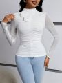 SHEIN Privé Solid Color 3d Flower Pleated Long Sleeve T-Shirt