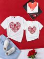 Women Love Heart Print Valentine's Day Short Sleeve T-Shirt, Mommy And Me Matching Outfits (2 Pieces Sold Separately)