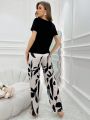 Ladies' Simple & Fashionable Casual Short Sleeve Top & Pants Pajama Set