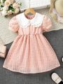 SHEIN Kids SUNSHNE Toddler Girls' Color Block Doll Collar Bubble Sleeve Dress