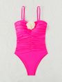 SHEIN Swim Vcay Women's Ruffled 3d Flower One-piece Swimsuit, Perfect For Beach