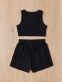 SHEIN Kids EVRYDAY Girls' Knitted Tank Top & Shorts Set