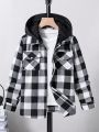 SHEIN Big Boys' Plaid Pattern Hooded Shirt With Removable Hood For Autumn