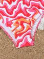 Girls' Three-Piece Tie-Dye Swimsuit Set With Ruffled Skirt And Bowknot Detail