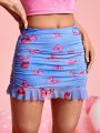 SHEIN PETITE Women's Butterfly Print Pleated Ruffle Hem Skirt