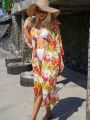 SHEIN Swim Vcay Full Print Flower Pattern Kimono Cardigan