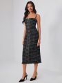 JALISSE AMBROSIA Plaid Pattern Raw Hem Button Front Tweed Cami Dress