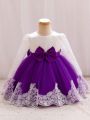 Baby Girls' Round Neck Lavender Formal Dress With Bowknot, Lace & Ruffle Detail