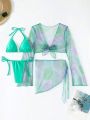 SHEIN Swim Y2GLAM Triangle Cup, Knotted Side Bikini Set With Mesh Cover Up Set