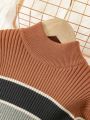 Tween Girl Striped Pattern Mock Neck Sweater Dress Without Belt