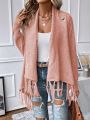 SHEIN LUNE Women's V-neckline Fringe Trim Shawl Collar Open Front Cardigan