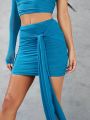 SHEIN BAE Women'S Solid Color One Shoulder Mesh Pleated Top And Mesh Pleated Irregular Hem Bodycon Skirt With Draping