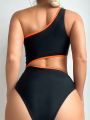 SHEIN Swim Basics Women'S Oblique Shoulder One-Piece Swimsuit