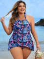 SHEIN Swim Classy Plus Size Tropical Printed Hollow Out Front Tankini Swimsuit Set