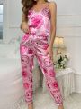 Heart & Floral Print Satin PJ Set