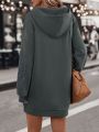 Kangaroo Pocket Lace Patched Drop Shoulder Drawstring Hooded Sweatshirt Dress