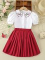 SHEIN Kids CHARMNG Girls' Doll Collar Embroidered Shirt And Pleated Skirt Lovely 2pcs Outfit