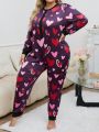 Plus Size Women's Heart Printed Long Sleeve Pajamas