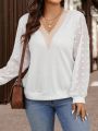 SHEIN LUNE Plus Size Color Block Embroidery Decorated Lantern Sleeve Top