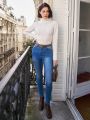 SHEIN Frenchy Women's Stand Collar Solid Color Casual Sweater