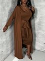 SHEIN Slayr Plus Size Monochrome Detachable Belt Tied Dress & Coat 2pcs/Set