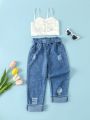 SHEIN Kids EVRYDAY 2pcs Young Girls' Casual Sweet White Bowknot Tank Top And Distressed Belted Jeans Set