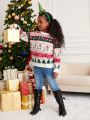 SHEIN Girls Christmas Pattern Drop Shoulder Sweater