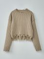 SHEIN Tween Girl Ribbed Knit Distressed Trim Sweater