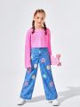 JNSQ Tween Girl Denim-Effect and Floral Print Wide Leg Pants