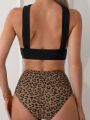 SHEIN Swim Classy Women's Leopard Print Bottom With Shirred Spaghetti Strap Bikini Set