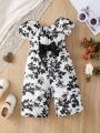 Baby Girls' Casual And Elegant Floral Bubble Sleeve Romper