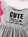 SHEIN Kids QTFun Little Girls' Fashion Sleeveless 2pcs Pink & Grey Casual Dresses With Letter Print, Summer