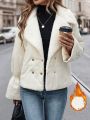 SHEIN Essnce Women'S White Double Breasted Lamb Wool Spliced Padded Coat