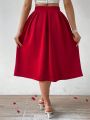 SHEIN Privé Wine Red Pearl Decor A-Line Skirt For Women