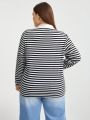 SHEIN Essnce Women's Plus Size Striped Collar Splicing Half Zipper Semi-open-neck T-shirt