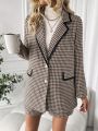 SHEIN Privé Women's Houndstooth Notched Lapel Blazer And Shorts Set