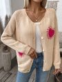 Women'S Love Heart Intarsia Raglan Sleeve Button Up Cardigan