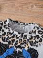 Infant Girls' Stylish And Cool Leopard Character Print Short Sleeve T-Shirt With Faux Denim Print Shorts Set