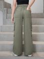 Girls' (big) New Arrival Camo Green Cargo Multi-pockets Straight Leg Jeans