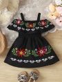 New Arrival Baby Girl Embroidered Off Shoulder Dress With Big Flower Pattern For Spring And Summer