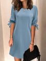 Basic Casual Dress With Slit Sleeves And Knotted Detail