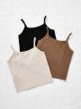 SHEIN Tween Girls' Sporty Street Style Knitted Solid Color Cami Tops 3pcs/set