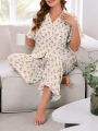 Plus Size Women's Flower Print Shirt And Ruffle Hem Long Pants Pyjama Set