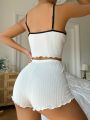 Contrast Lace Ruched Bust Cami Top & Bow Front Shorts PJ Set