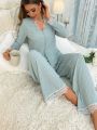 Lace Splicing V-neck Pajamas Set