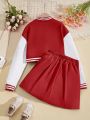 Teen Girl Letter Graphic Striped Trim Drop Shoulder Two Tone Varsity Jacket & Pleated Skirt