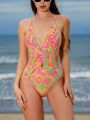 SHEIN Swim Mod Women'S One-Piece Swimsuit With Hollow Out Waist And Fluid Print Design