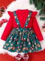 Young Girl Christmas Print Bow Front Suspender Skirt & Ruffle Trim Tee