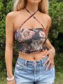 SHEIN WYWH Floral Print Cross Halter Top