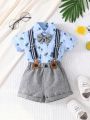 2pcs/Set Baby Boy's Palm Tree Print Short Sleeve Shirt And Suspenders Shorts Gentlemen Outfit For Holiday & Party